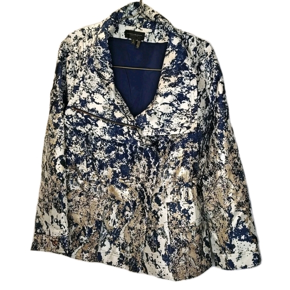 Donna Karan Metallic Jacqrard Moto Zip Jacket Coat Sz XL Blue Gold ASOTV Pamela - Picture 5 of 13